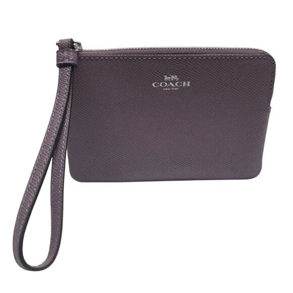 Coach New York Amethyst Purple Corner Zip Wristlet Cross Grain Leather Wallet - Picture 2 of 13